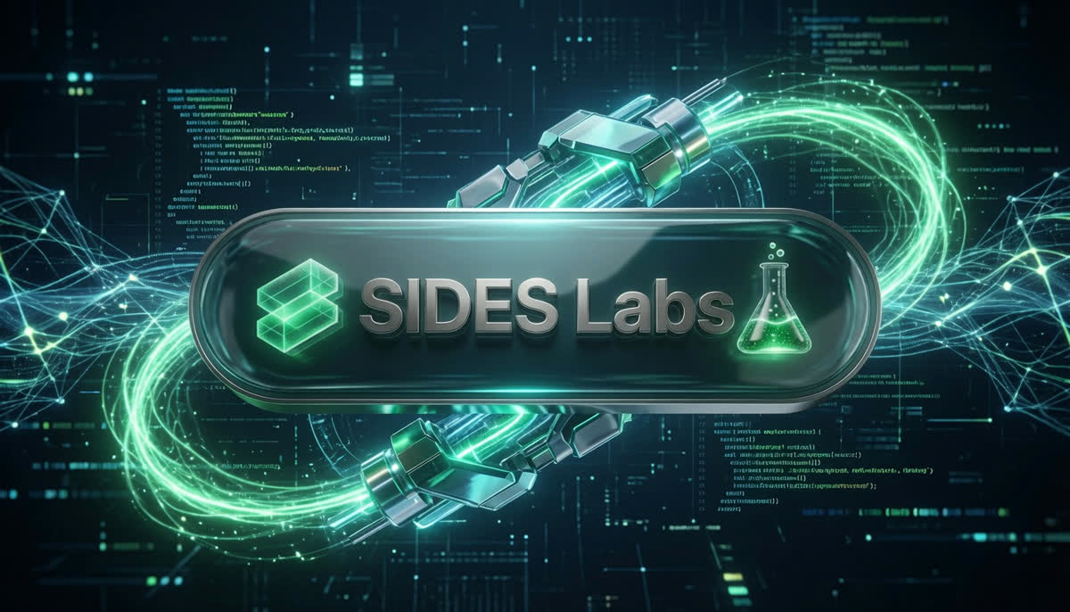 The SIDES LABS wordmark surrounded by streams of code and connecting cables.